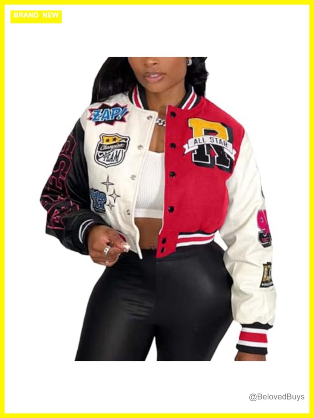 Women's Cropped Varsity Bomber Jacket Casual Streetwear Letterman Coat